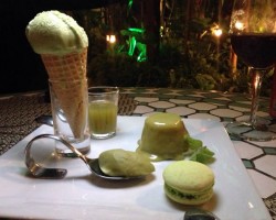 Quintologia Capim Santo: sorvete, macaron, petit gateau, licor de cachaça e brigadeiro de colher