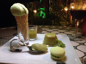 Quintologia Capim Santo: sorvete, macaron, petit gateau, licor de cachaça e brigadeiro de colher